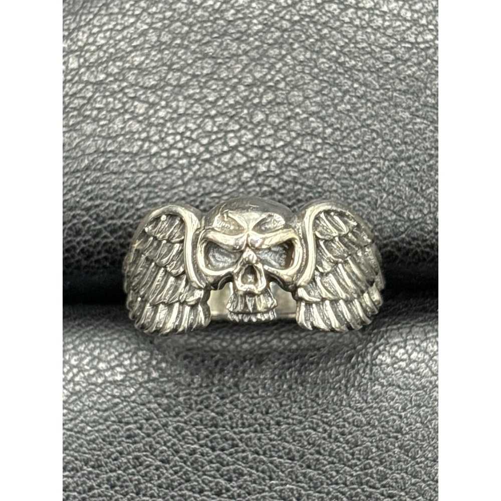 New Condition Sterling Silver Skull Wings Ring Size 7 H3